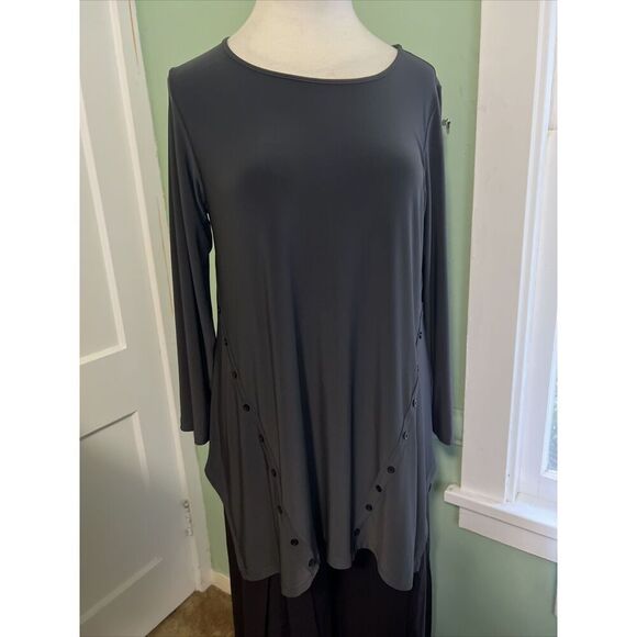 Sun Kim Womens Medium Lagenlook Gray Jersey Pullover Tunic Top Button Details - Picture 1 of 7